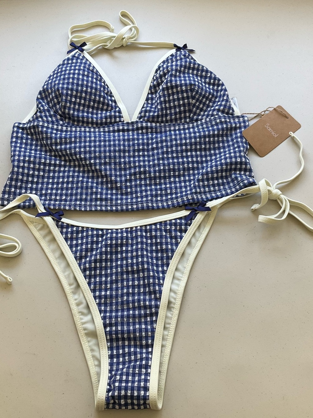 Samiol Tankini Bikini Set Large Blue Contrast Bow Vintage Gingham NWT